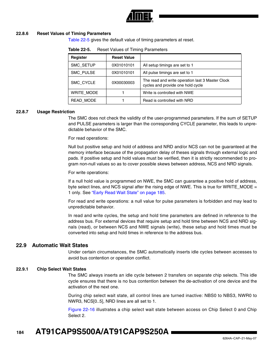 6 reset values of timing parameters, 7 usage restriction, 9 automatic wait states | 1 chip select wait states | Rainbow Electronics AT91CAP9S250A User Manual | Page 184 / 1008