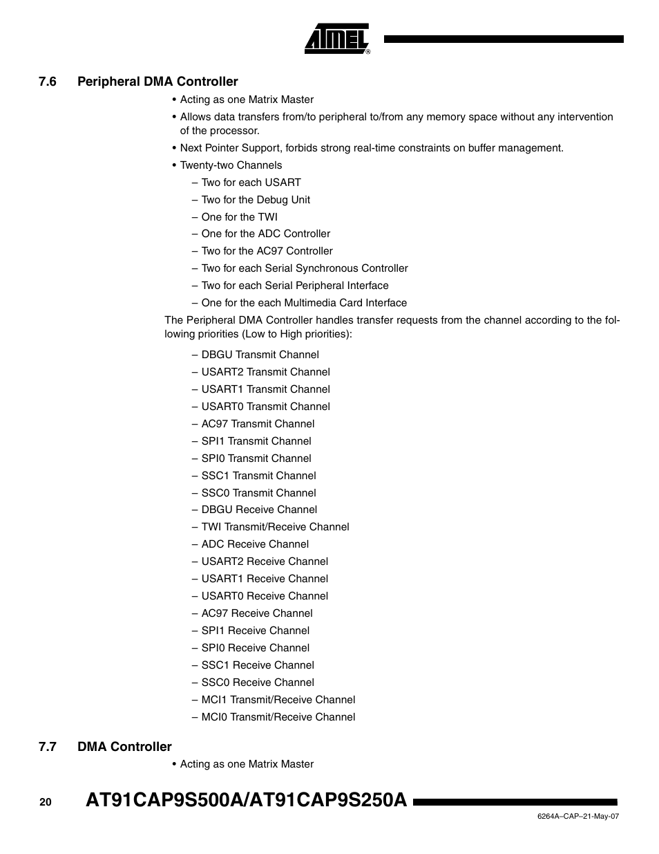 6 peripheral dma controller, 7 dma controller | Rainbow Electronics AT91CAP9S250A User Manual | Page 20 / 1008