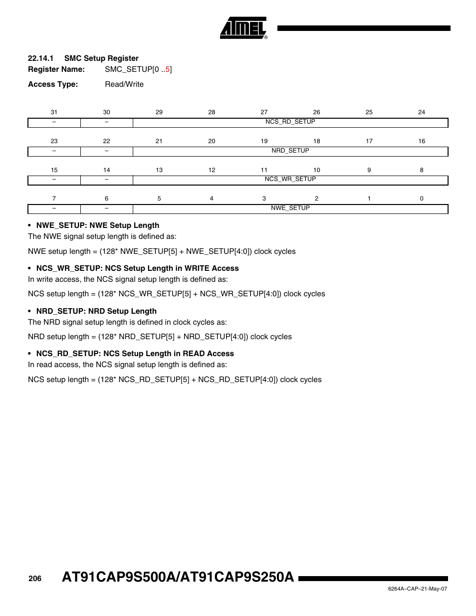 1 smc setup register | Rainbow Electronics AT91CAP9S250A User Manual | Page 206 / 1008