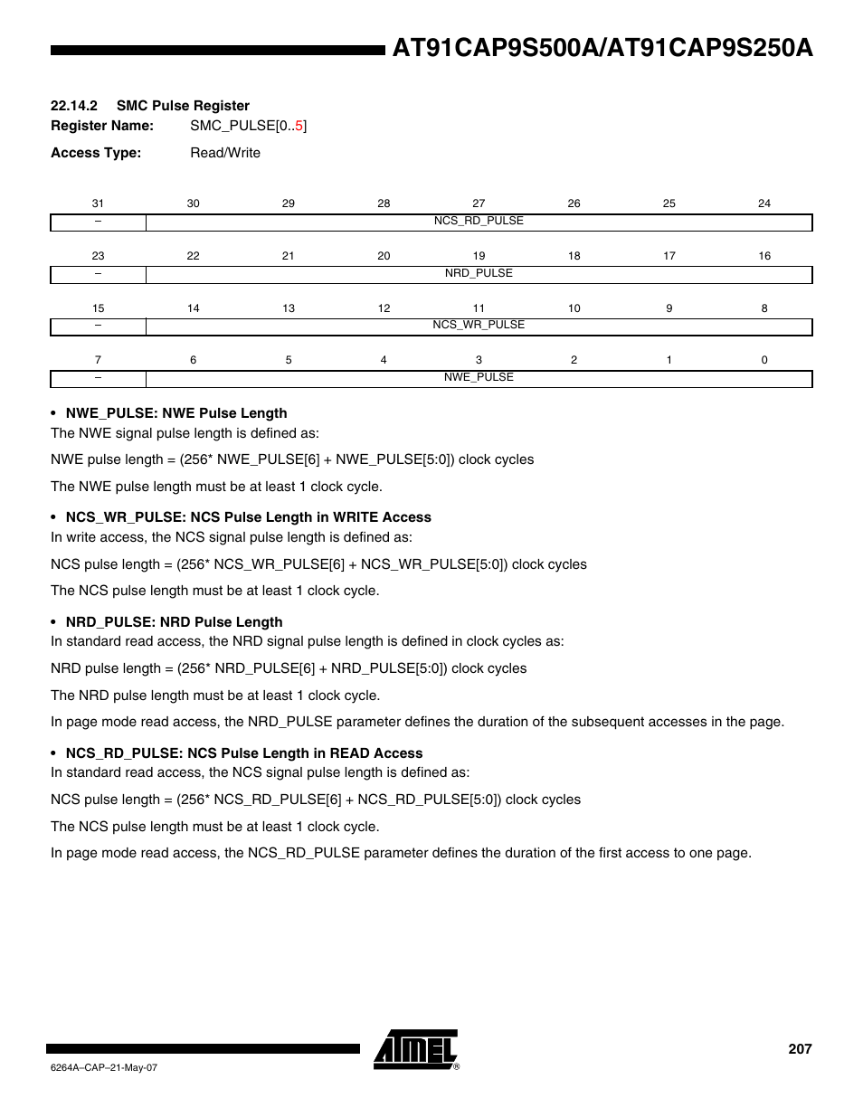 2 smc pulse register | Rainbow Electronics AT91CAP9S250A User Manual | Page 207 / 1008