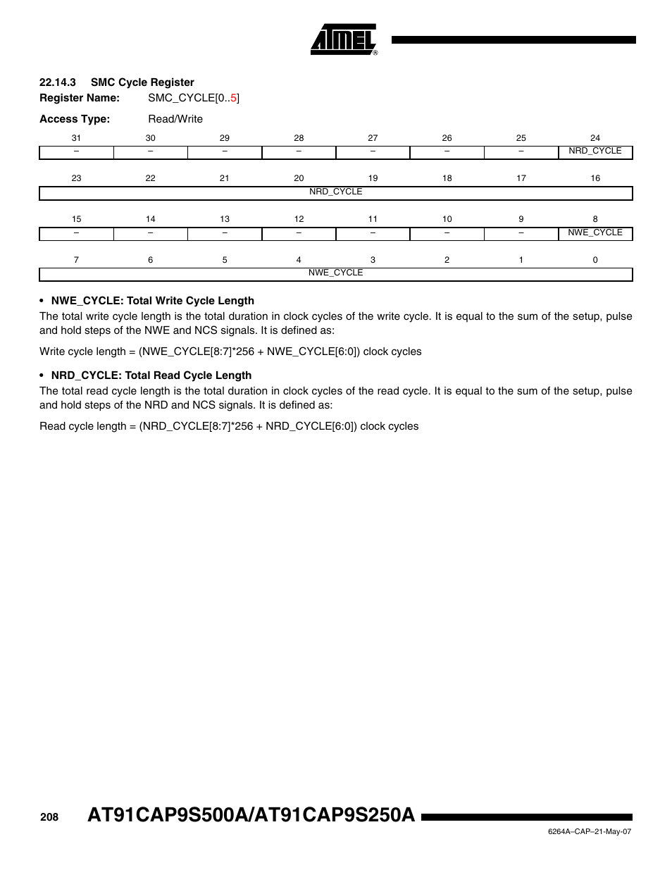 3 smc cycle register | Rainbow Electronics AT91CAP9S250A User Manual | Page 208 / 1008