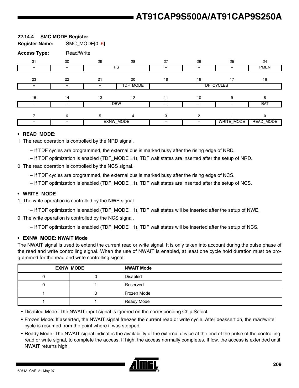 4 smc mode register | Rainbow Electronics AT91CAP9S250A User Manual | Page 209 / 1008