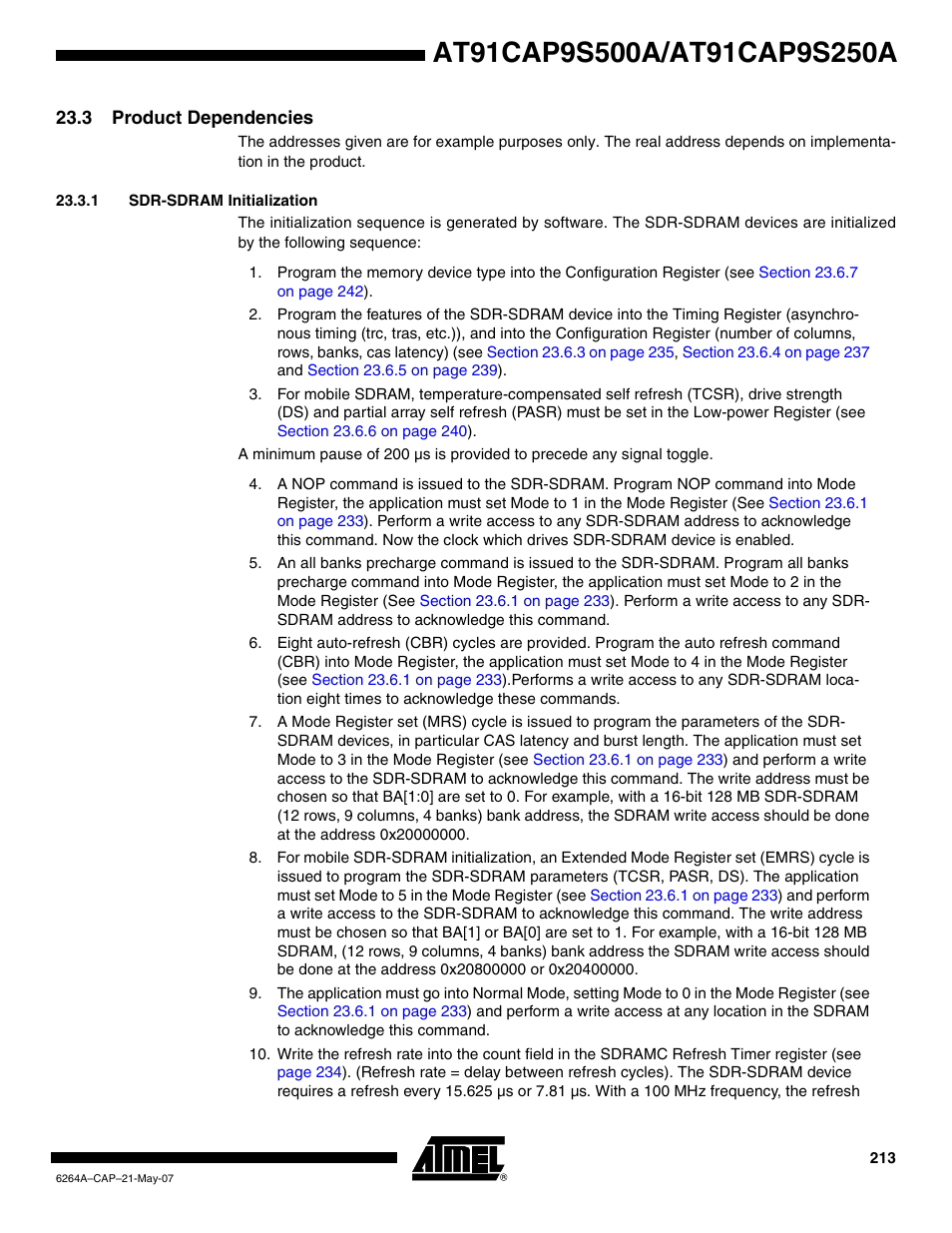3 product dependencies, 1 sdr-sdram initialization | Rainbow Electronics AT91CAP9S250A User Manual | Page 213 / 1008