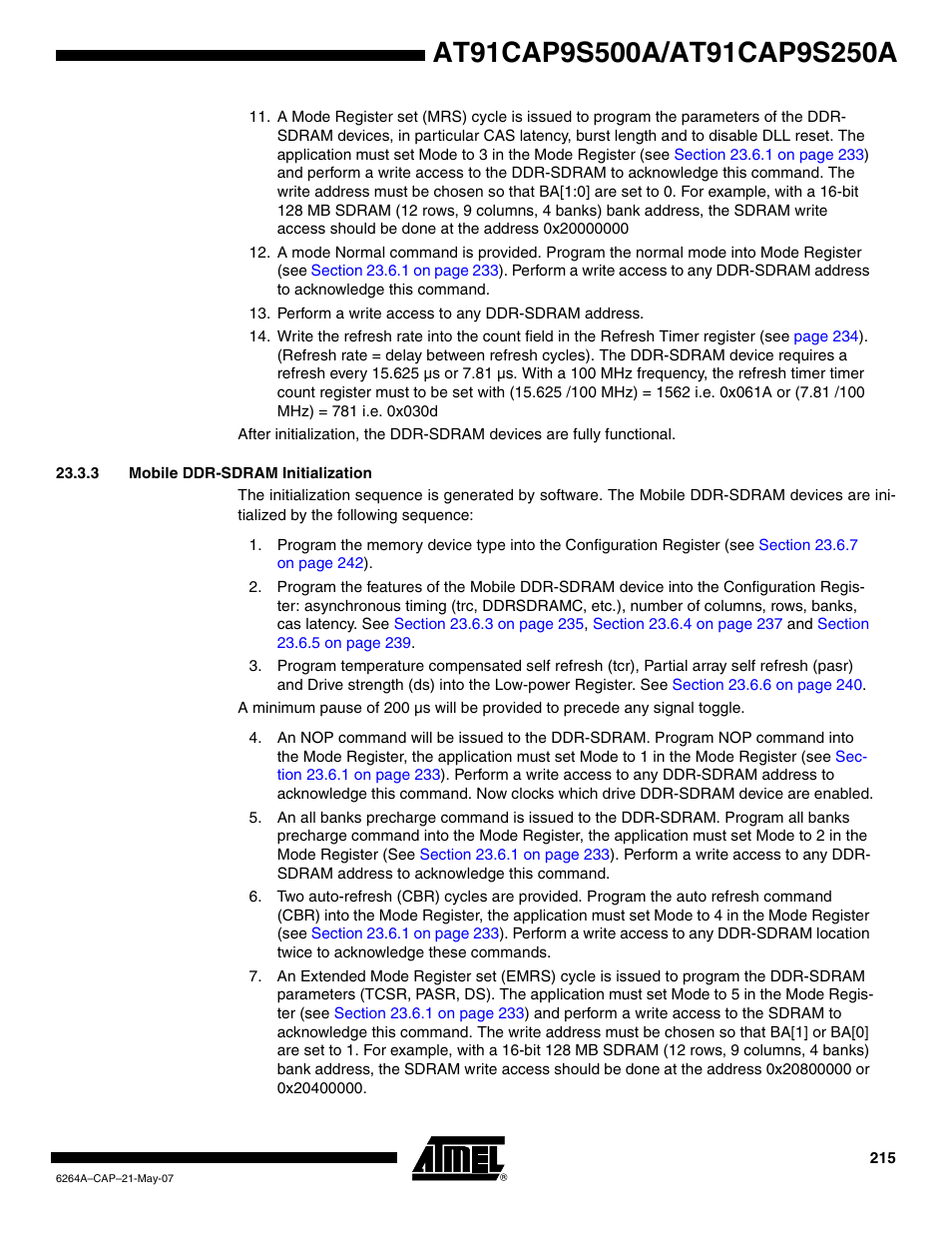 3 mobile ddr-sdram initialization | Rainbow Electronics AT91CAP9S250A User Manual | Page 215 / 1008