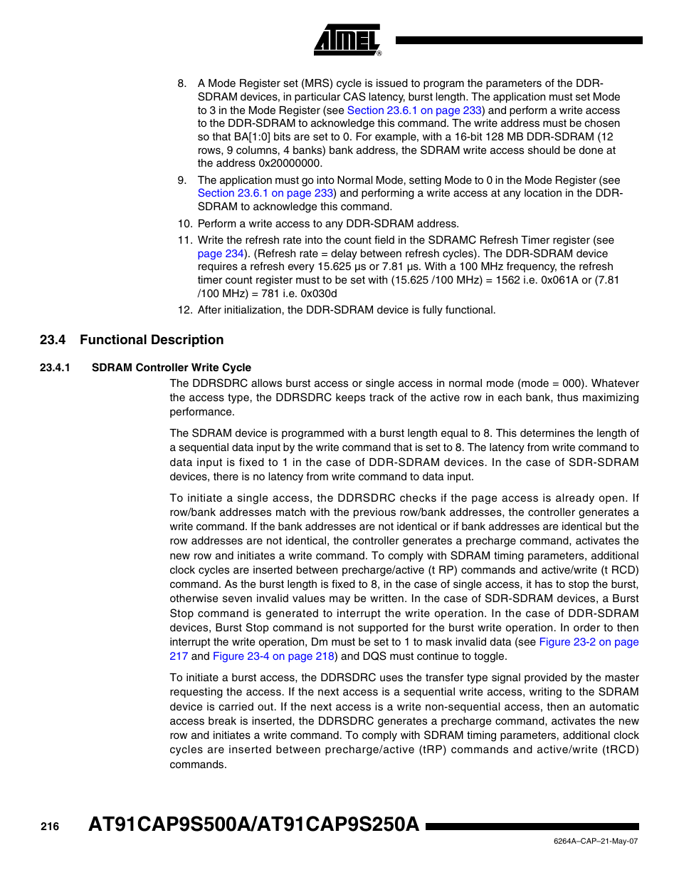 4 functional description, 1 sdram controller write cycle | Rainbow Electronics AT91CAP9S250A User Manual | Page 216 / 1008