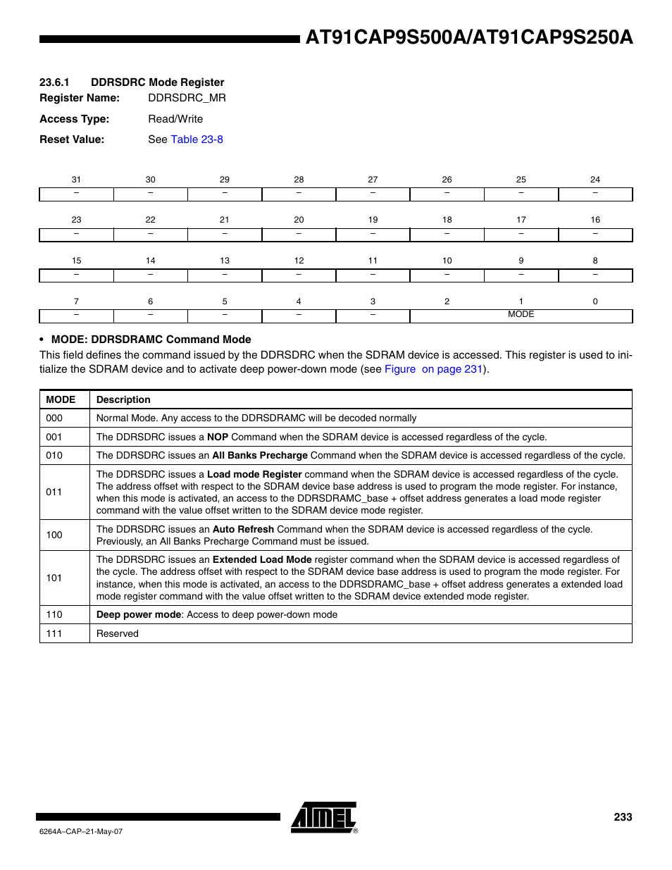 1 ddrsdrc mode register, Section 23.6.1, Section | Rainbow Electronics AT91CAP9S250A User Manual | Page 233 / 1008