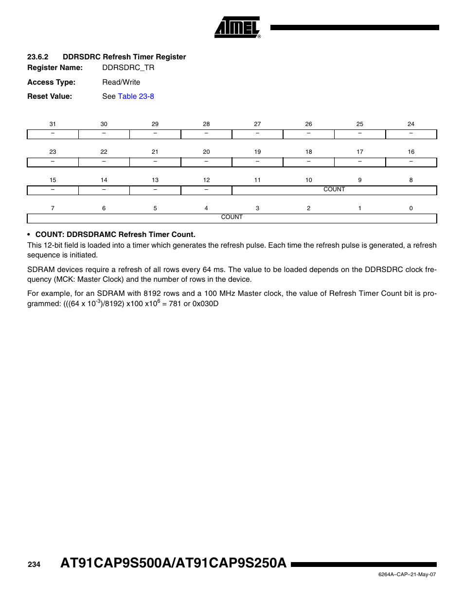 2 ddrsdrc refresh timer register | Rainbow Electronics AT91CAP9S250A User Manual | Page 234 / 1008