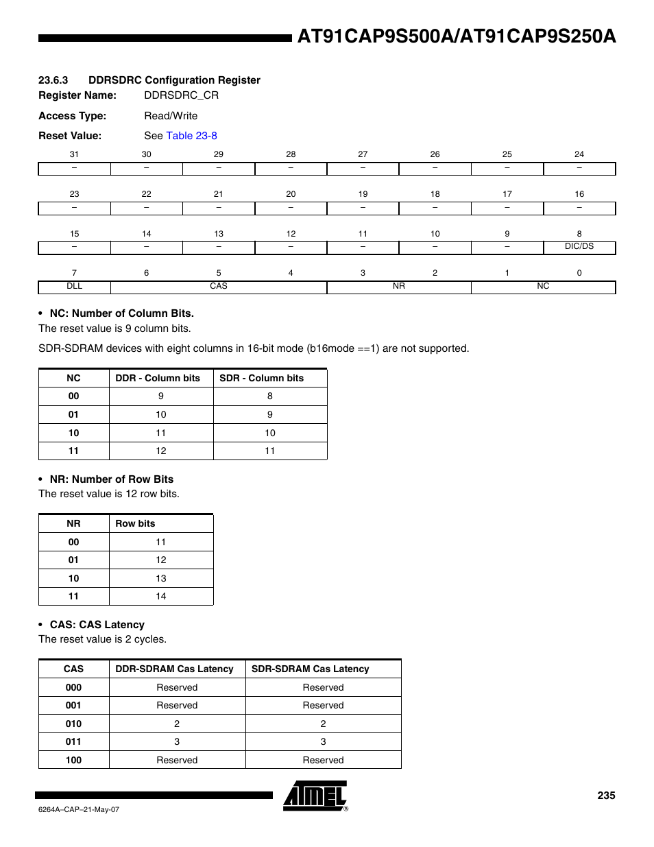 3 ddrsdrc configuration register | Rainbow Electronics AT91CAP9S250A User Manual | Page 235 / 1008