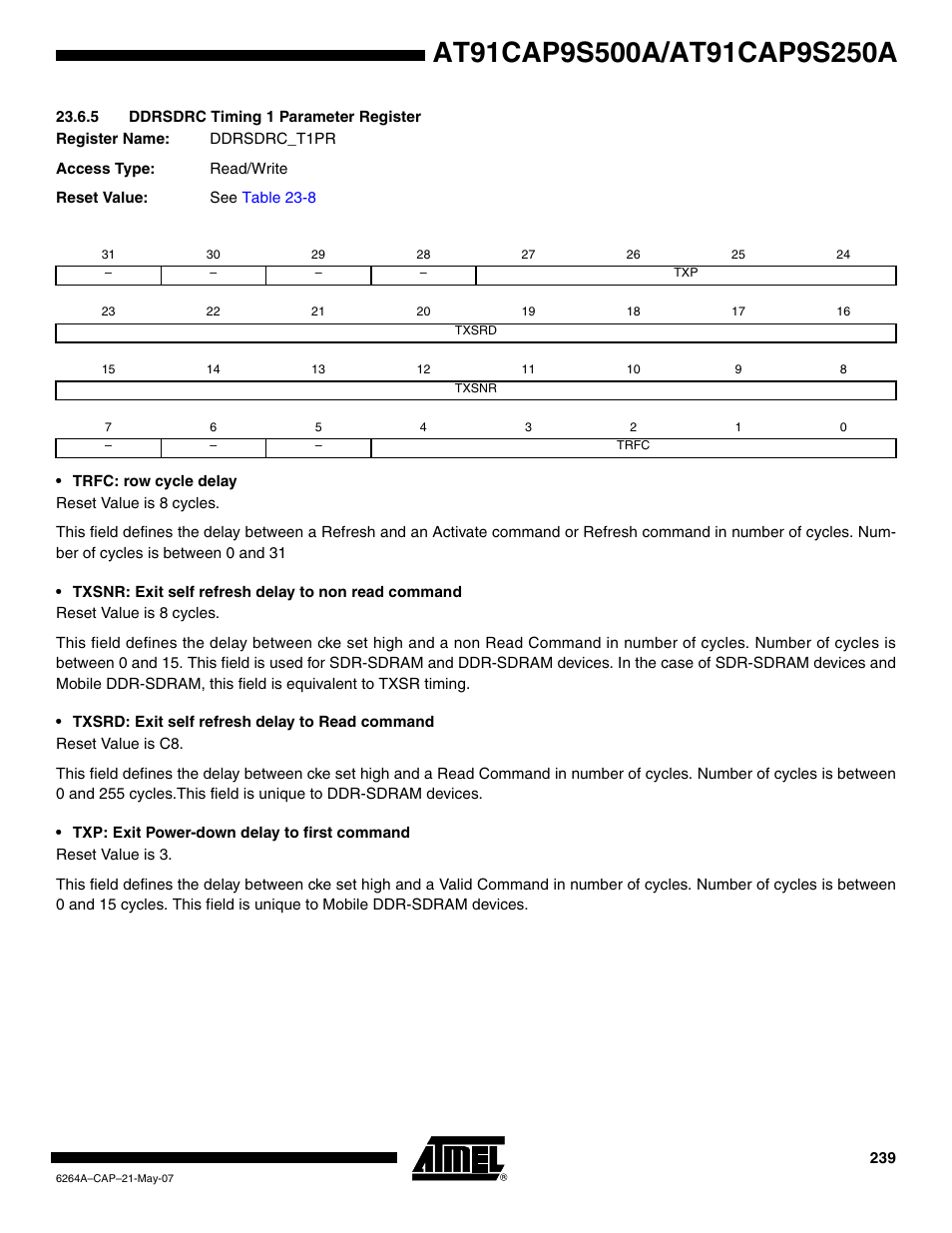 5 ddrsdrc timing 1 parameter register, Section | Rainbow Electronics AT91CAP9S250A User Manual | Page 239 / 1008