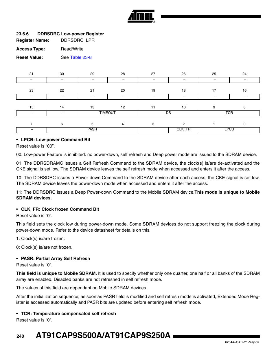 6 ddrsdrc low-power register | Rainbow Electronics AT91CAP9S250A User Manual | Page 240 / 1008