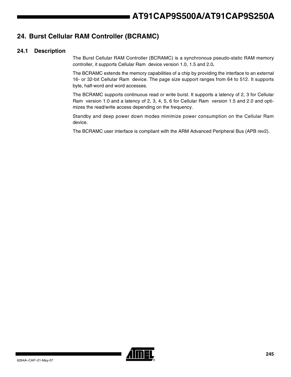 Burst cellular ram controller (bcramc), 1 description | Rainbow Electronics AT91CAP9S250A User Manual | Page 245 / 1008