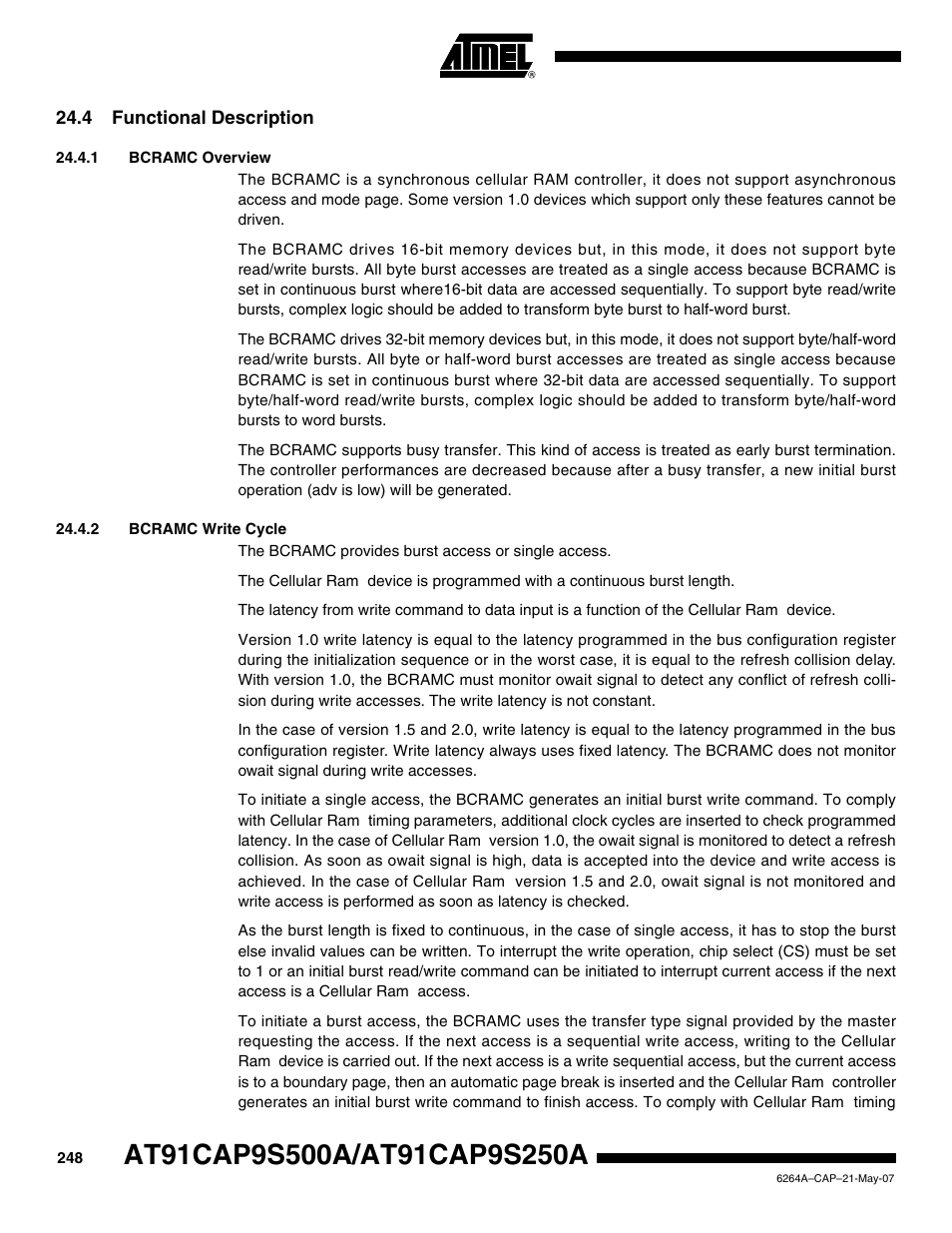 4 functional description, 1 bcramc overview, 2 bcramc write cycle | Rainbow Electronics AT91CAP9S250A User Manual | Page 248 / 1008