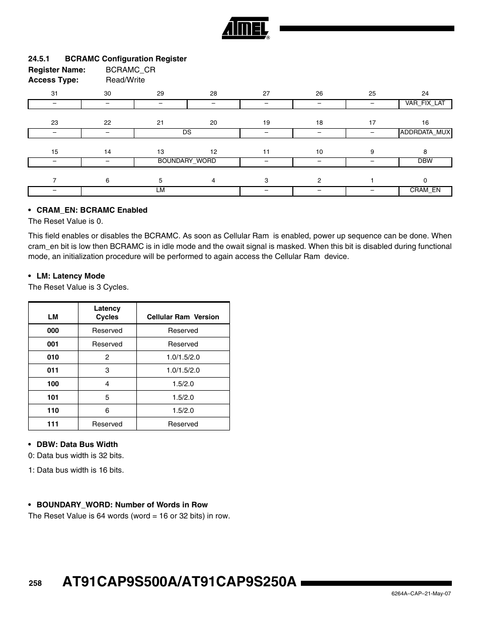 1 bcramc configuration register | Rainbow Electronics AT91CAP9S250A User Manual | Page 258 / 1008