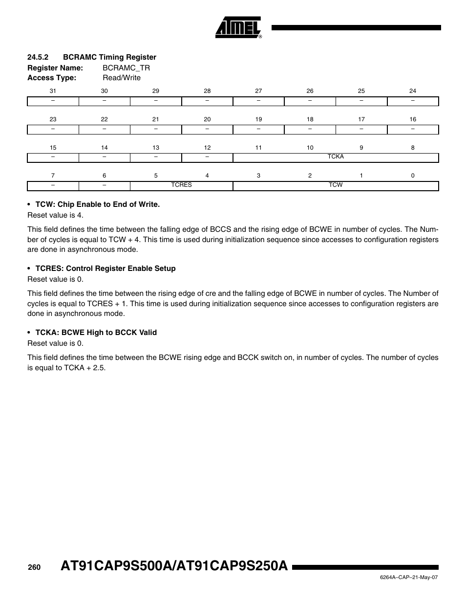 2 bcramc timing register | Rainbow Electronics AT91CAP9S250A User Manual | Page 260 / 1008