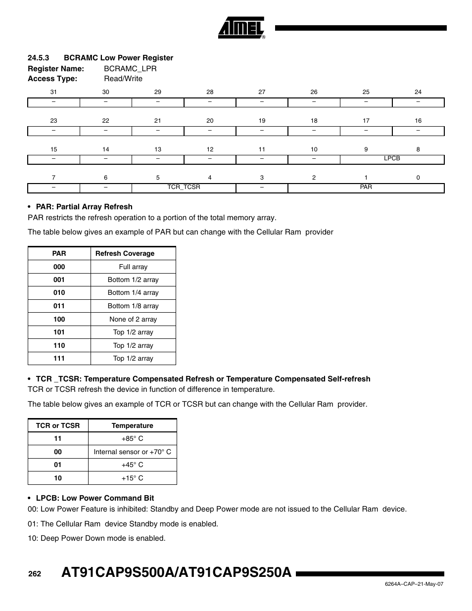 3 bcramc low power register, See “lpcb: low | Rainbow Electronics AT91CAP9S250A User Manual | Page 262 / 1008