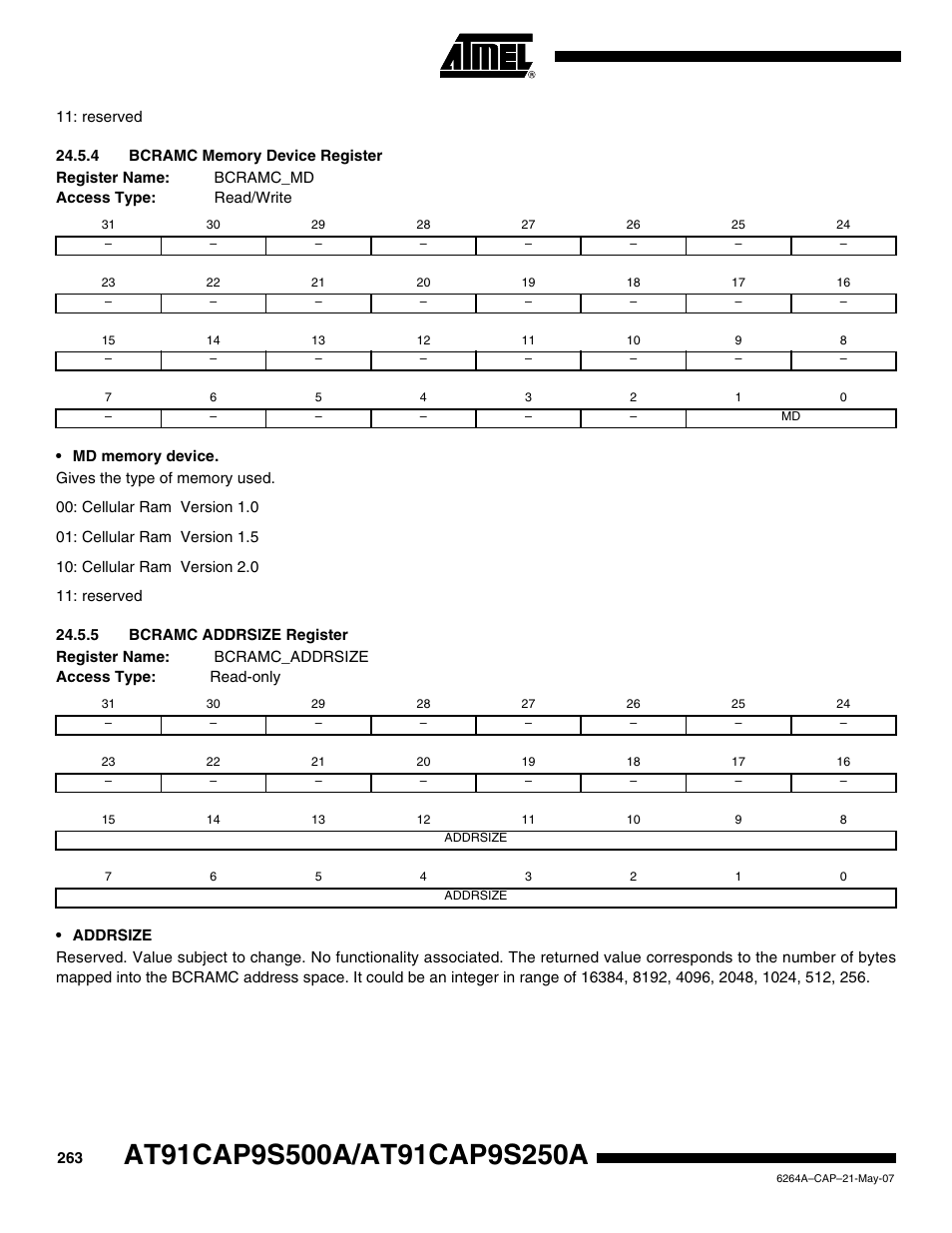 4 bcramc memory device register, 5 bcramc addrsize register, Bcramc addrsize reg | Rainbow Electronics AT91CAP9S250A User Manual | Page 263 / 1008