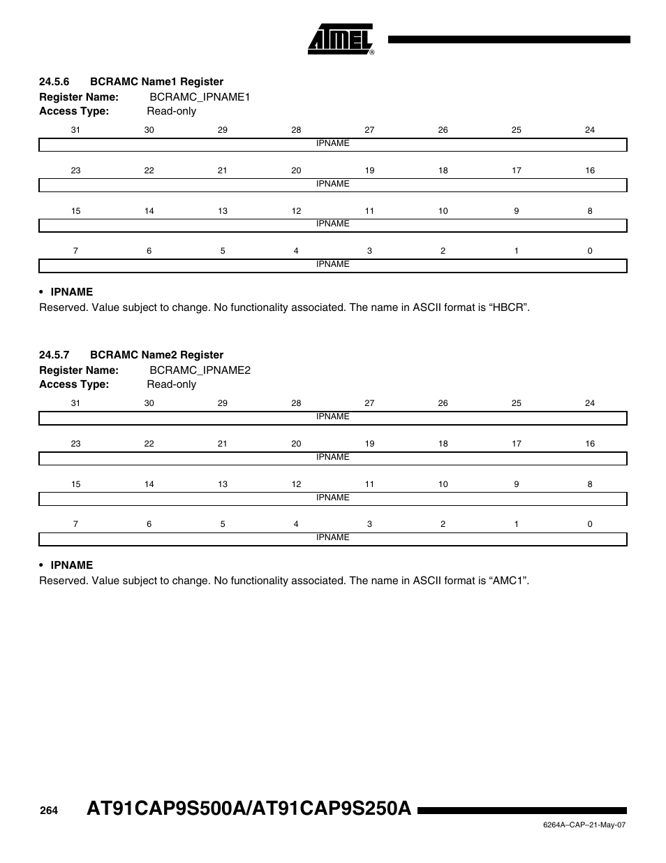 6 bcramc name1 register, 7 bcramc name2 register | Rainbow Electronics AT91CAP9S250A User Manual | Page 264 / 1008