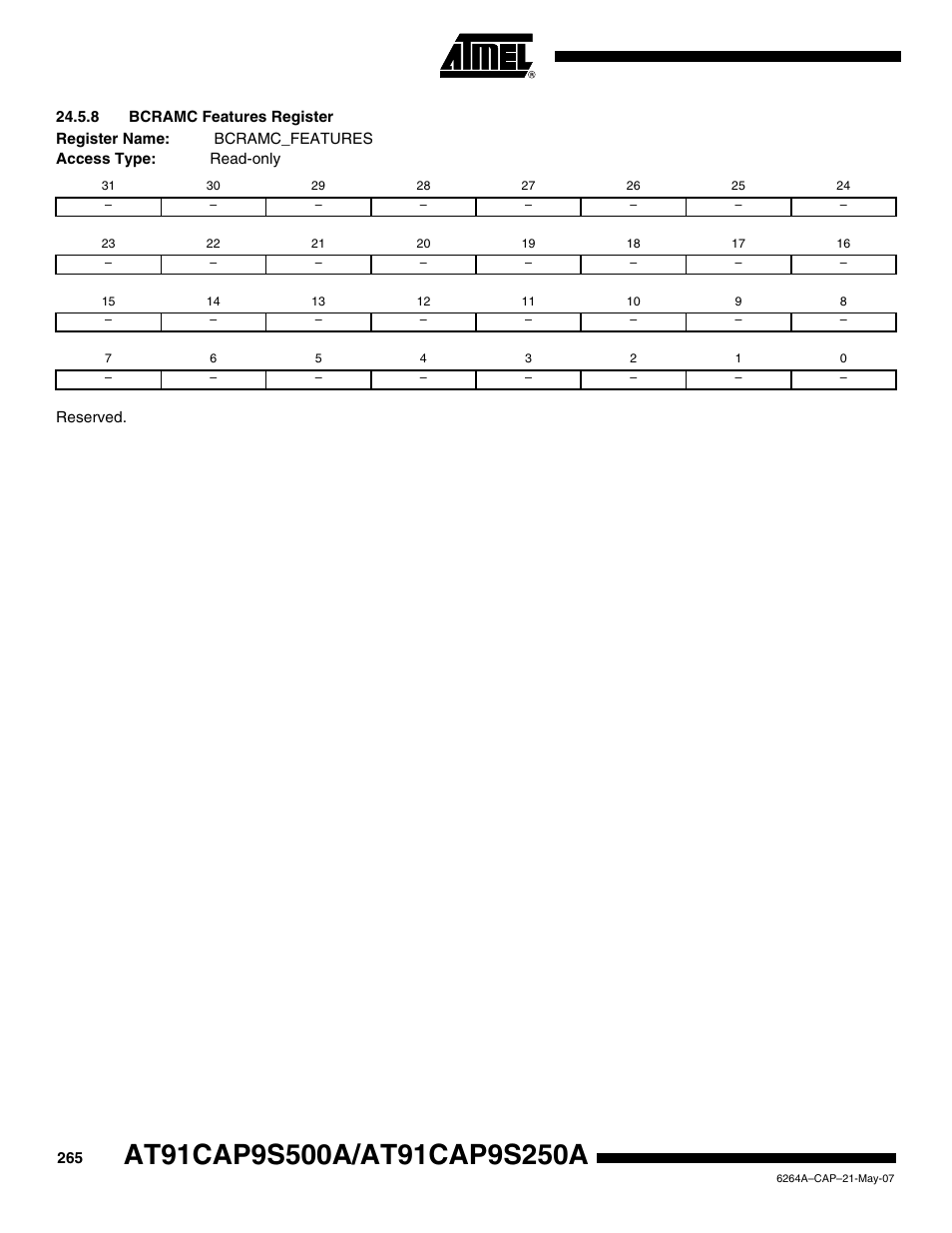 8 bcramc features register | Rainbow Electronics AT91CAP9S250A User Manual | Page 265 / 1008
