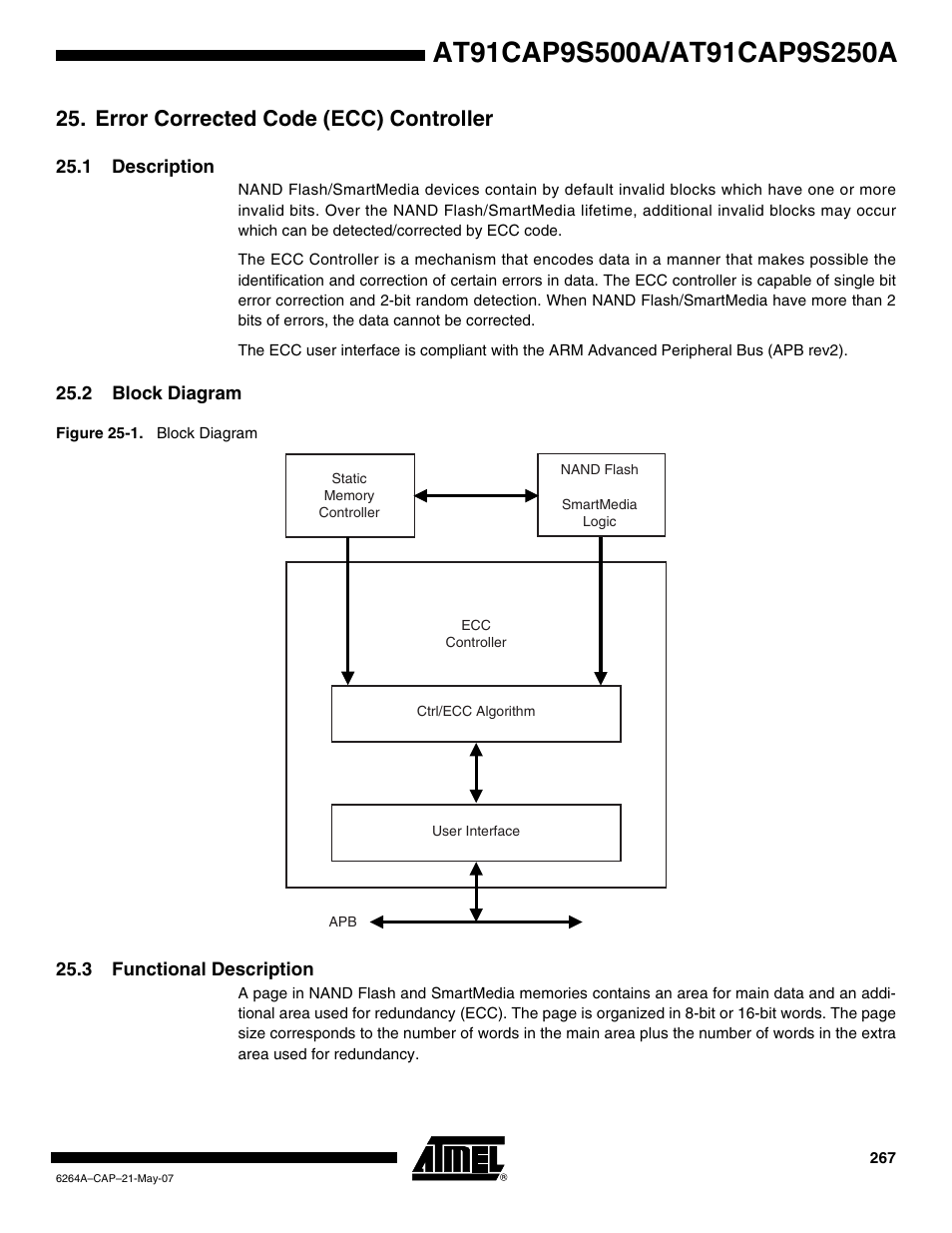 Error corrected code (ecc) controller, 1 description, 2 block diagram | 3 functional description | Rainbow Electronics AT91CAP9S250A User Manual | Page 267 / 1008