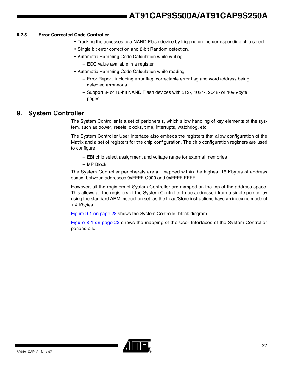 5 error corrected code controller, System controller | Rainbow Electronics AT91CAP9S250A User Manual | Page 27 / 1008