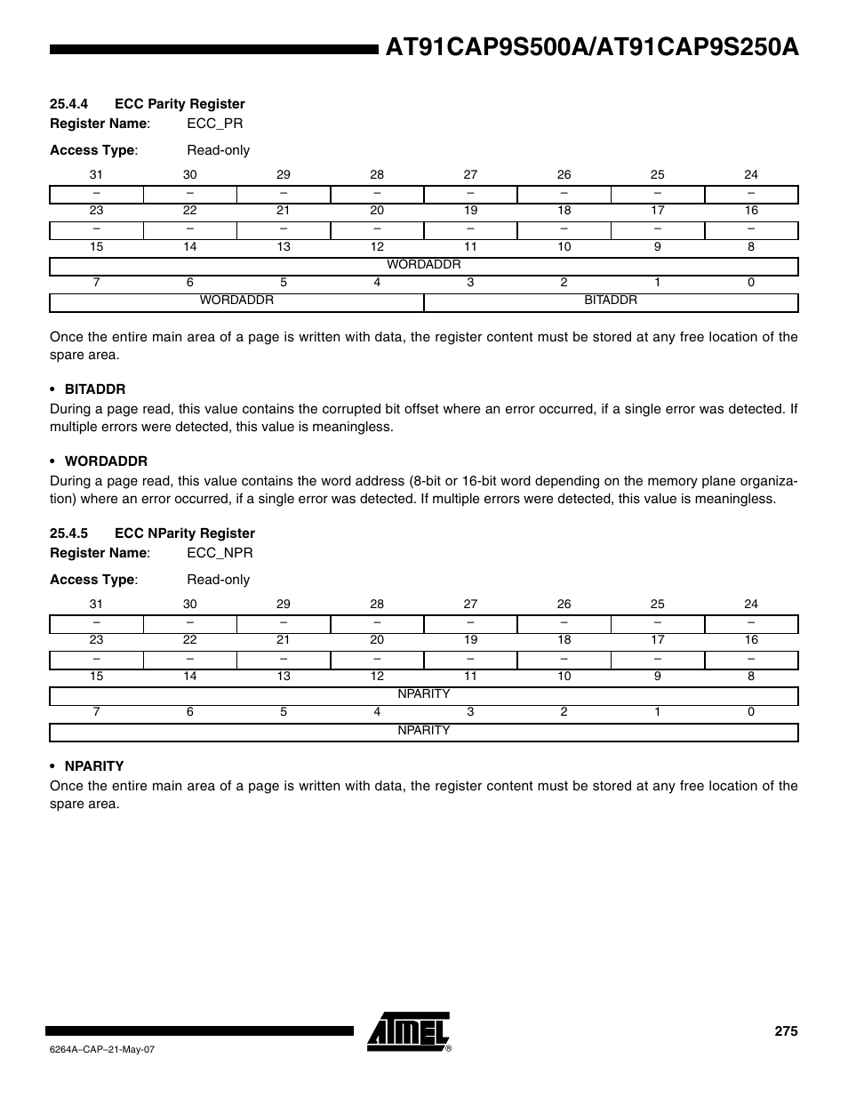 4 ecc parity register, 5 ecc nparity register | Rainbow Electronics AT91CAP9S250A User Manual | Page 275 / 1008