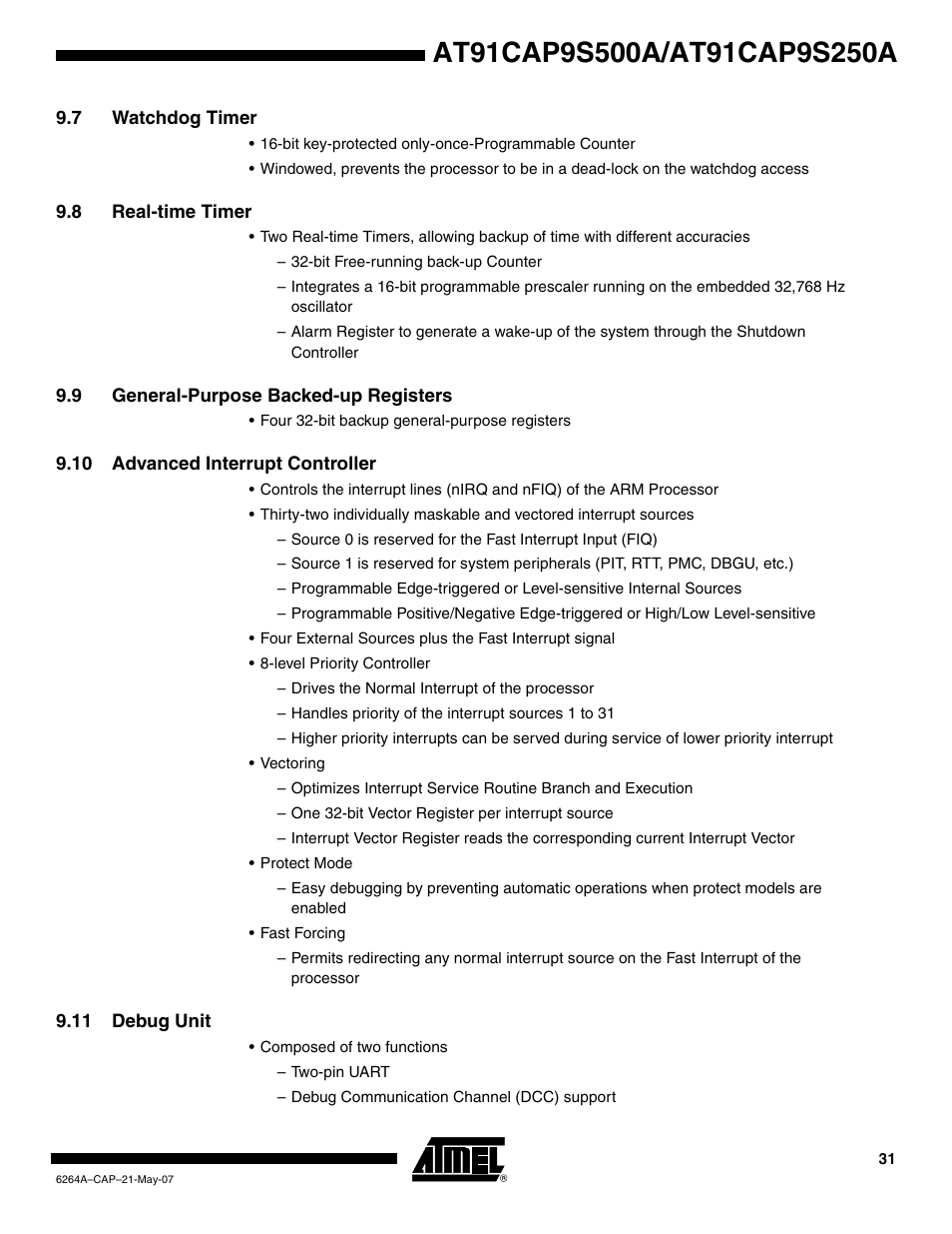 7 watchdog timer, 8 real-time timer, 9 general-purpose backed-up registers | 10 advanced interrupt controller, 11 debug unit | Rainbow Electronics AT91CAP9S250A User Manual | Page 31 / 1008