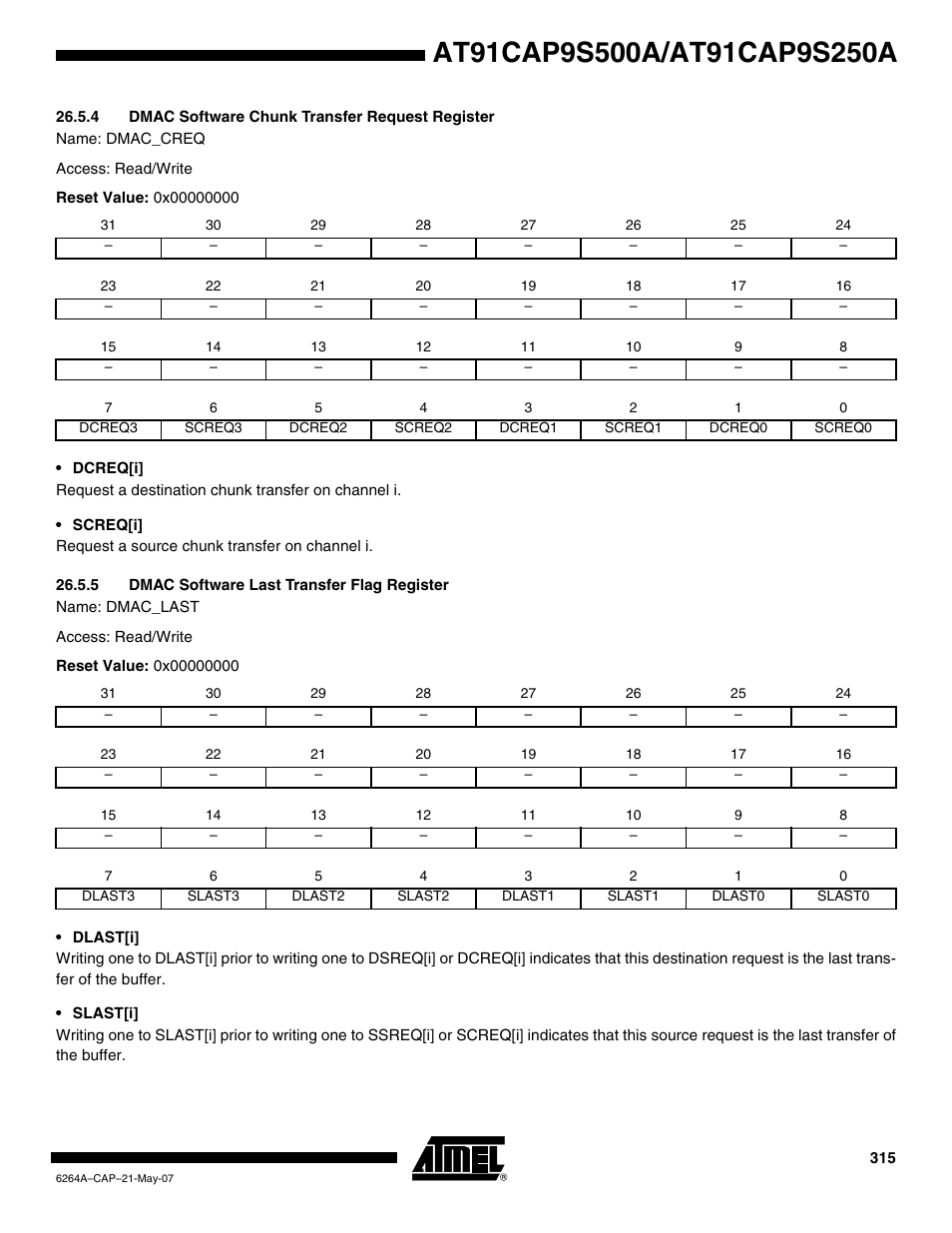 4 dmac software chunk transfer request register, 5 dmac software last transfer flag register | Rainbow Electronics AT91CAP9S250A User Manual | Page 315 / 1008