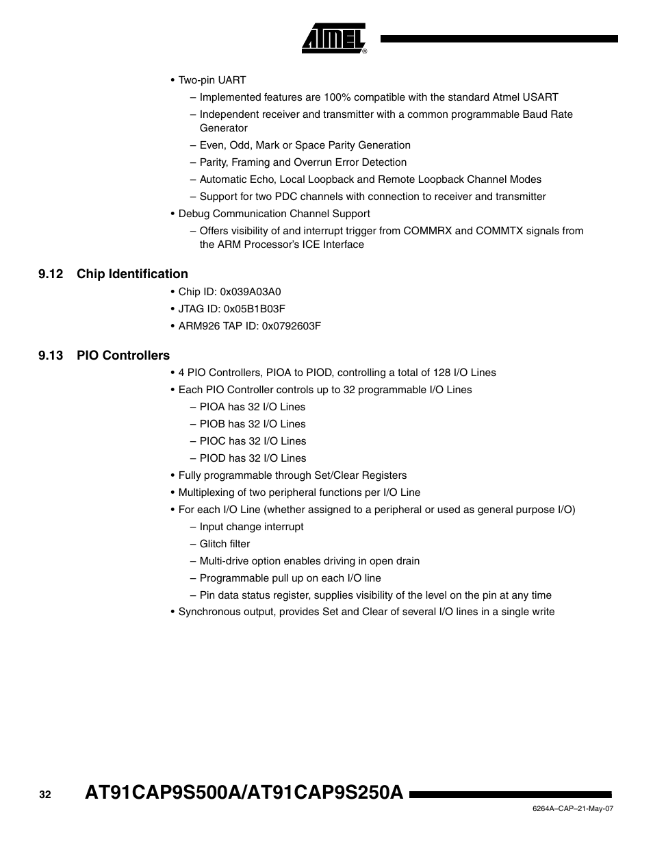 12 chip identification, 13 pio controllers | Rainbow Electronics AT91CAP9S250A User Manual | Page 32 / 1008