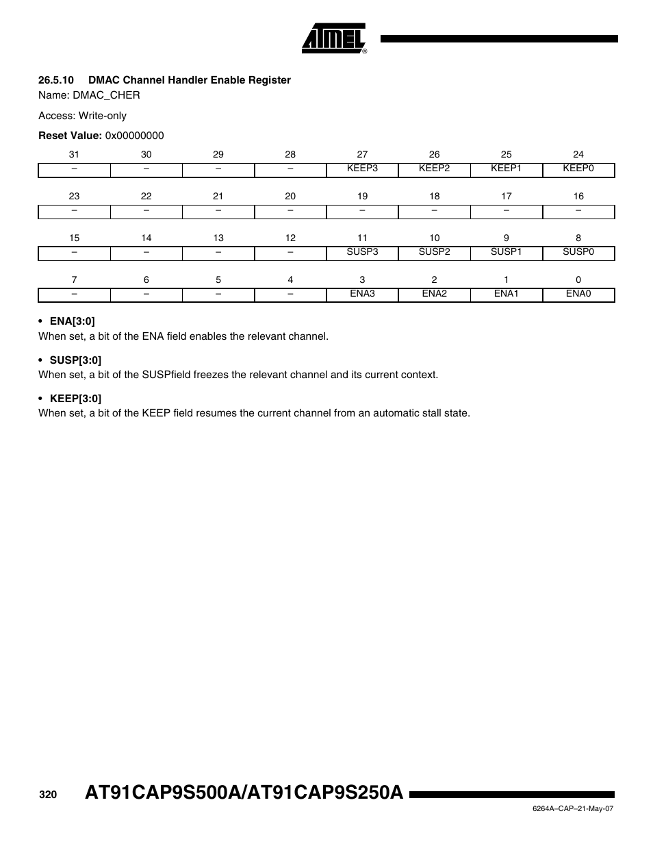 10 dmac channel handler enable register | Rainbow Electronics AT91CAP9S250A User Manual | Page 320 / 1008