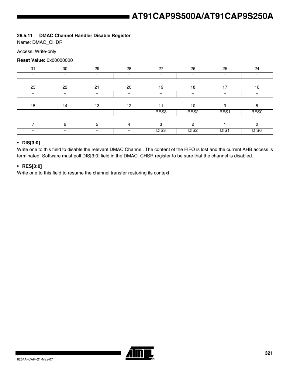 11 dmac channel handler disable register | Rainbow Electronics AT91CAP9S250A User Manual | Page 321 / 1008