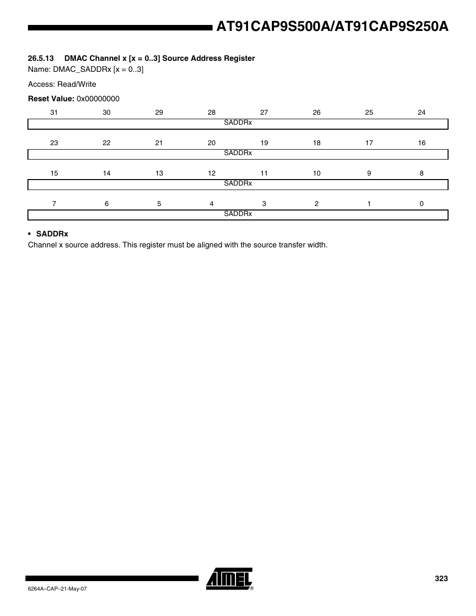 13 dmac channel x [x = 0 ] source address register | Rainbow Electronics AT91CAP9S250A User Manual | Page 323 / 1008