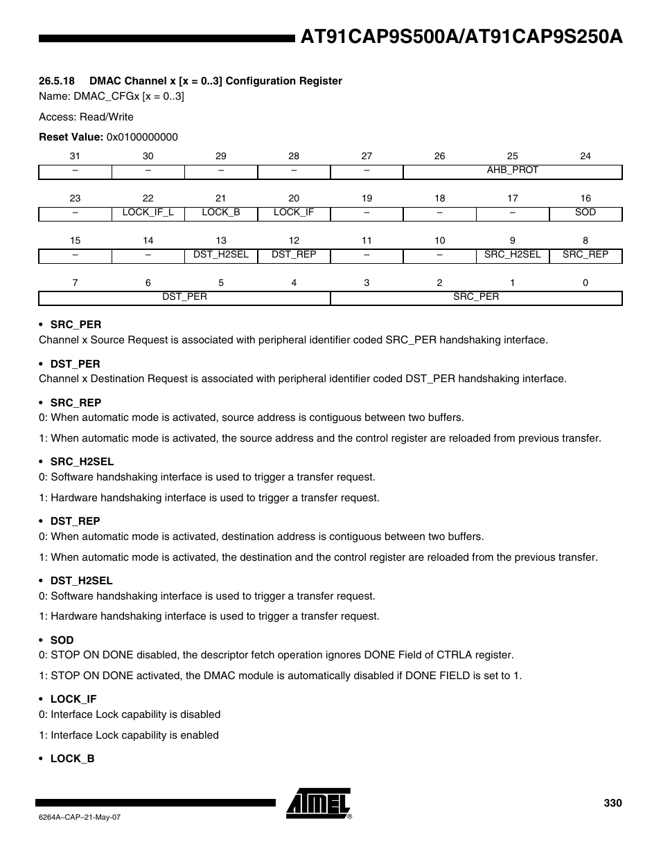 18 dmac channel x [x = 0 ] configuration register | Rainbow Electronics AT91CAP9S250A User Manual | Page 330 / 1008