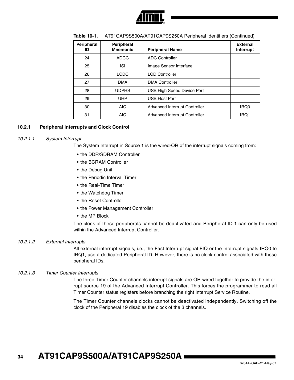 1 peripheral interrupts and clock control | Rainbow Electronics AT91CAP9S250A User Manual | Page 34 / 1008