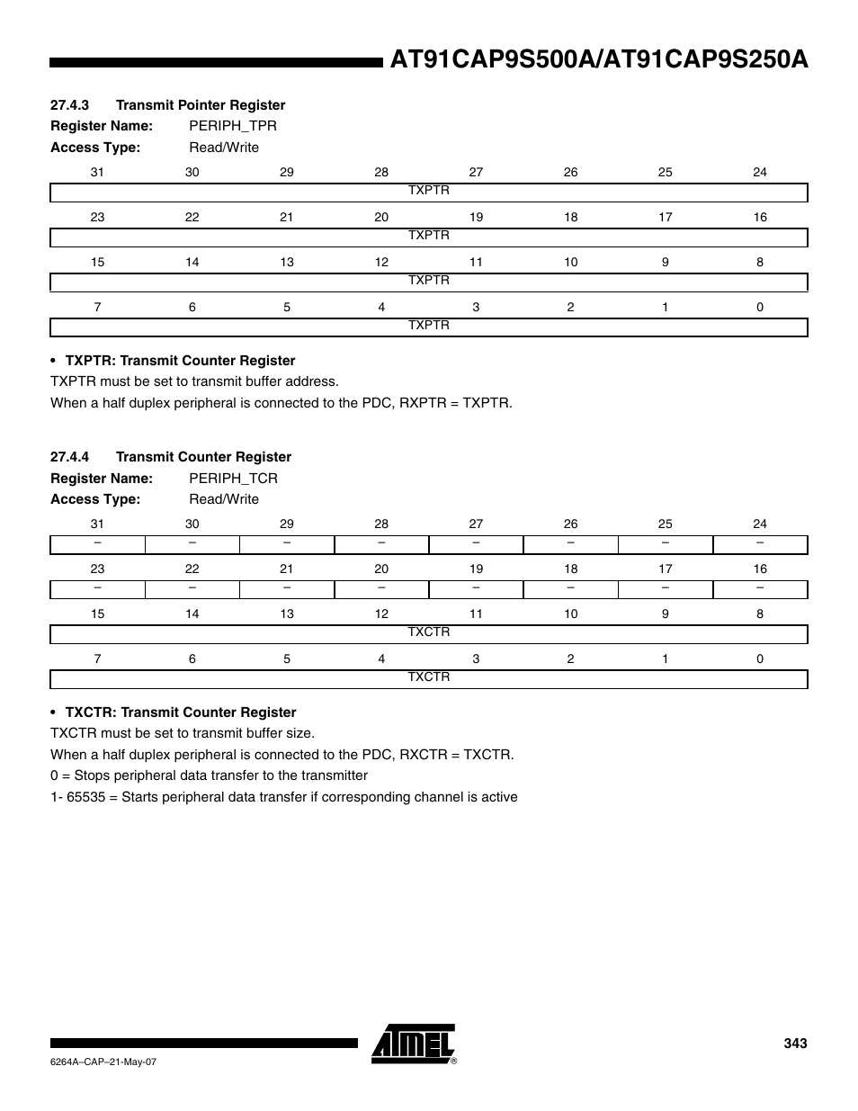 3 transmit pointer register, 4 transmit counter register | Rainbow Electronics AT91CAP9S250A User Manual | Page 343 / 1008