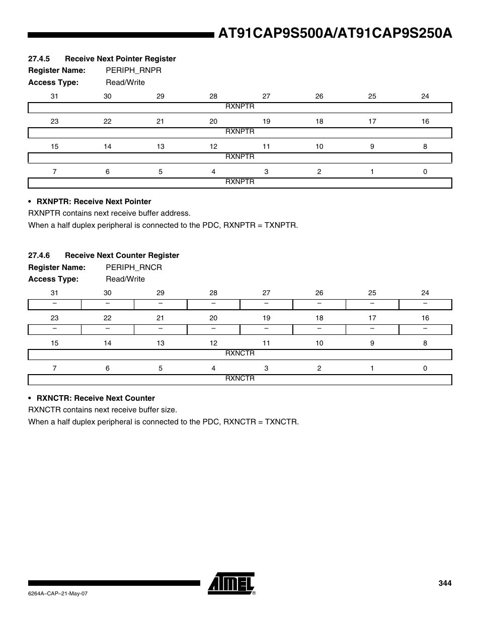 5 receive next pointer register, 6 receive next counter register | Rainbow Electronics AT91CAP9S250A User Manual | Page 344 / 1008