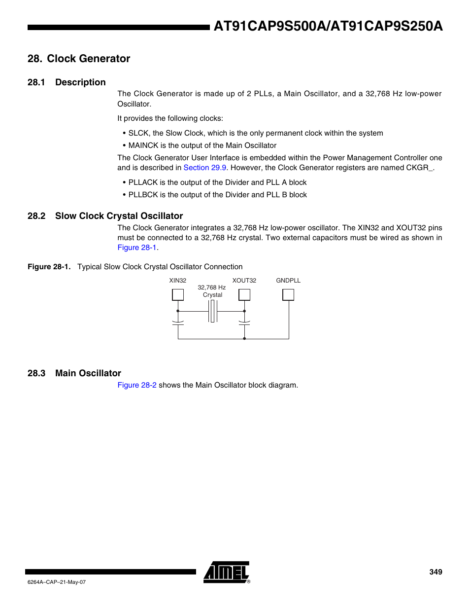Clock generator, 1 description, 2 slow clock crystal oscillator | 3 main oscillator | Rainbow Electronics AT91CAP9S250A User Manual | Page 349 / 1008