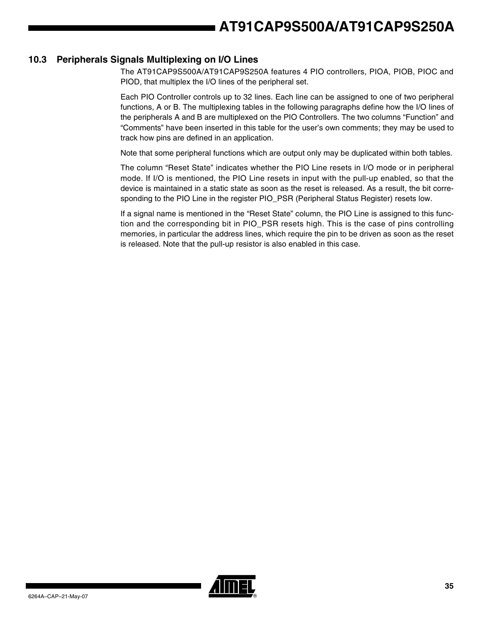 3 peripherals signals multiplexing on i/o lines | Rainbow Electronics AT91CAP9S250A User Manual | Page 35 / 1008
