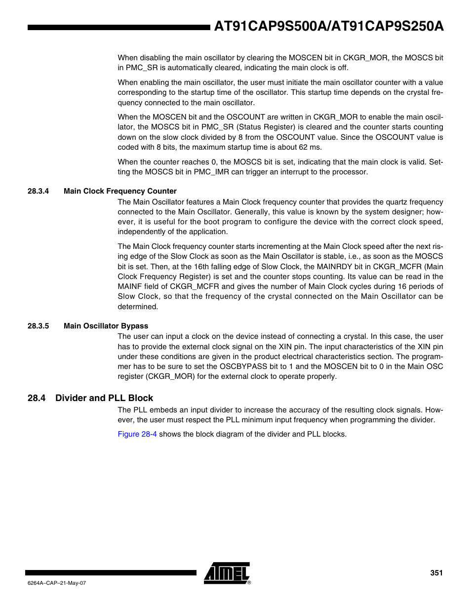 4 main clock frequency counter, 5 main oscillator bypass, 4 divider and pll block | Rainbow Electronics AT91CAP9S250A User Manual | Page 351 / 1008