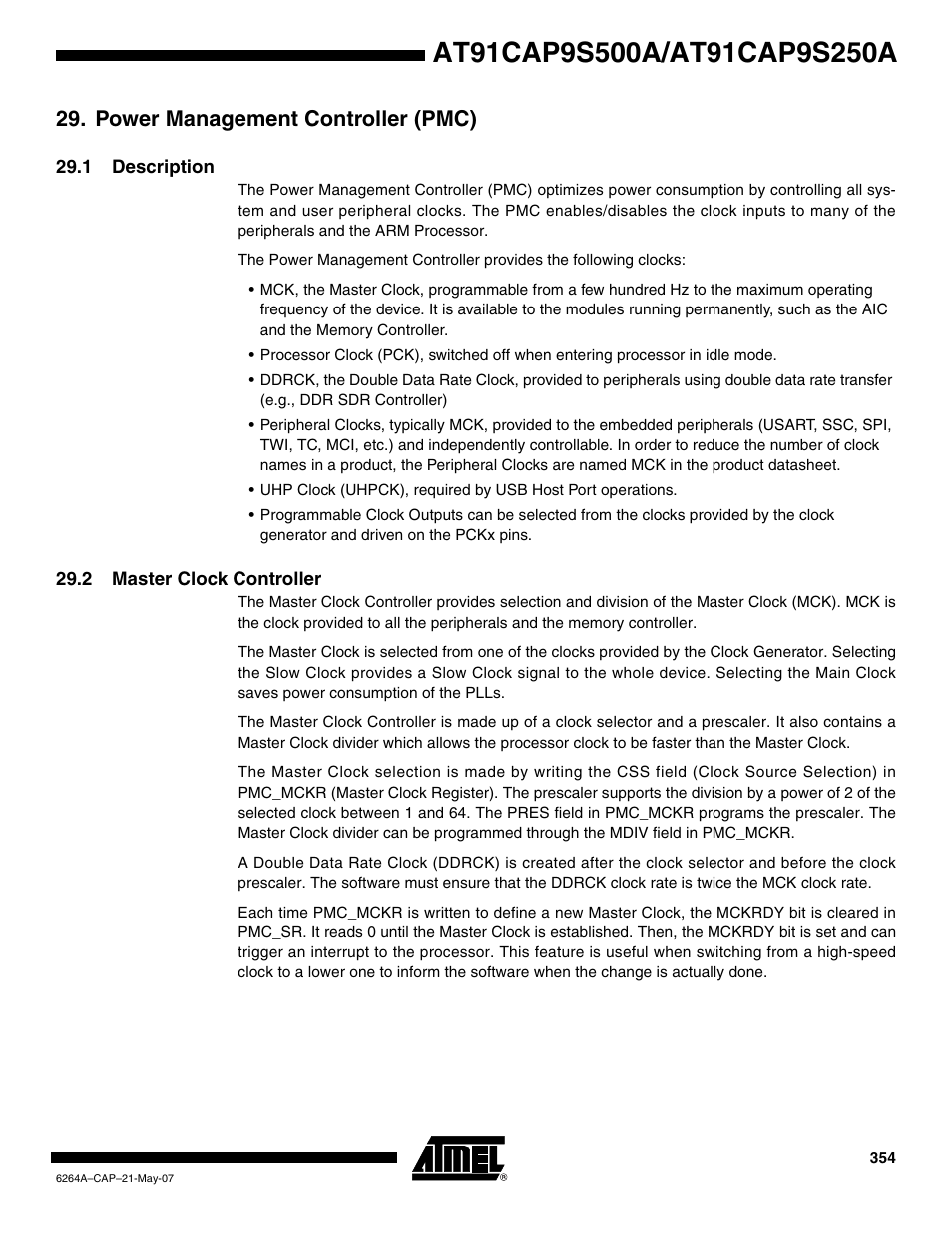 Power management controller (pmc), 1 description, 2 master clock controller | Rainbow Electronics AT91CAP9S250A User Manual | Page 354 / 1008