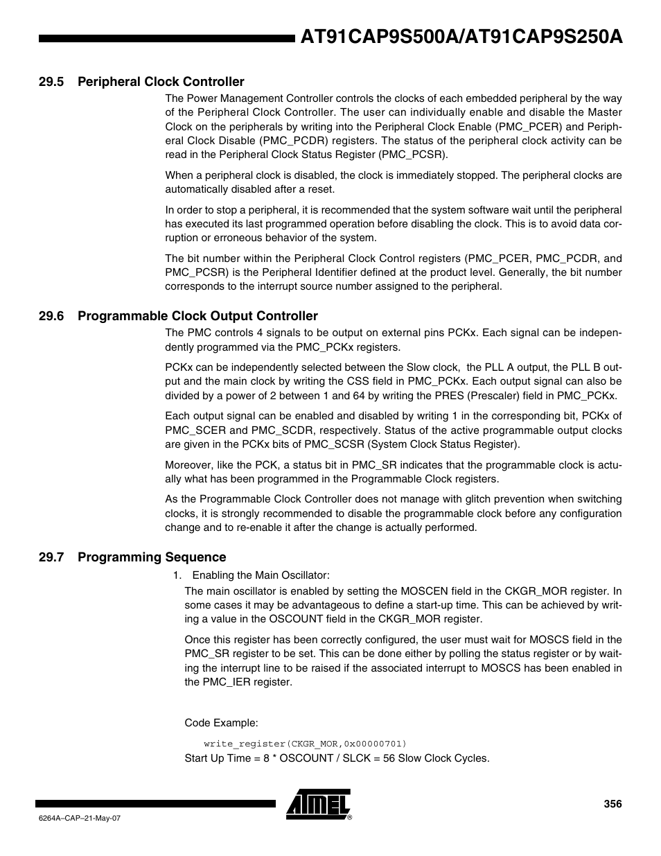 5 peripheral clock controller, 6 programmable clock output controller, 7 programming sequence | Rainbow Electronics AT91CAP9S250A User Manual | Page 356 / 1008