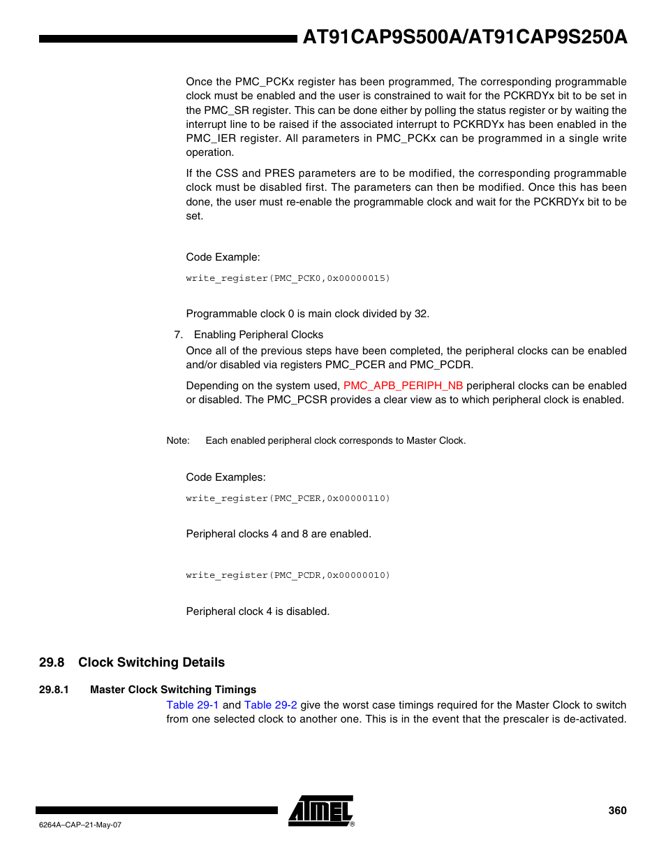 8 clock switching details, 1 master clock switching timings | Rainbow Electronics AT91CAP9S250A User Manual | Page 360 / 1008