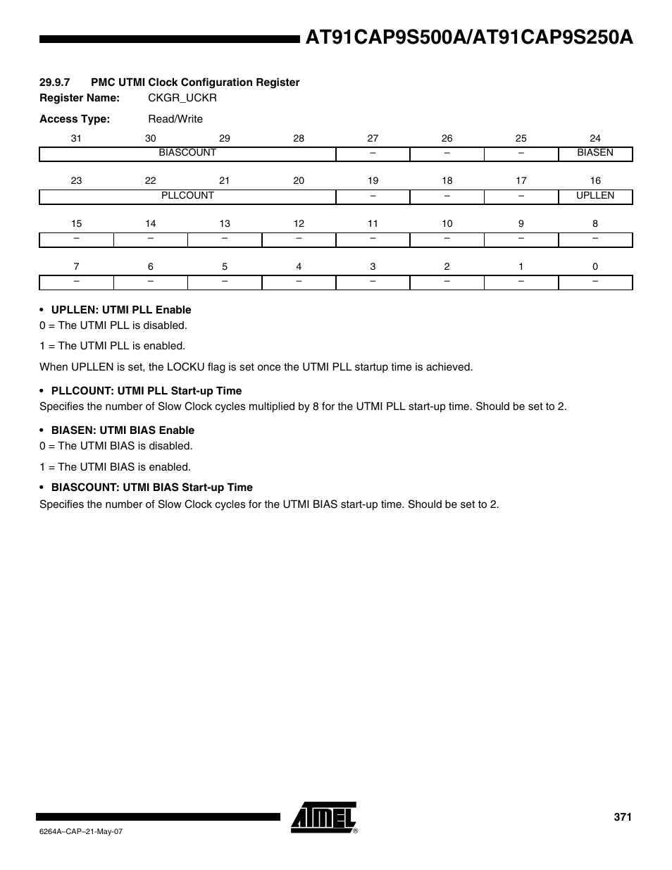 7 pmc utmi clock configuration register | Rainbow Electronics AT91CAP9S250A User Manual | Page 371 / 1008