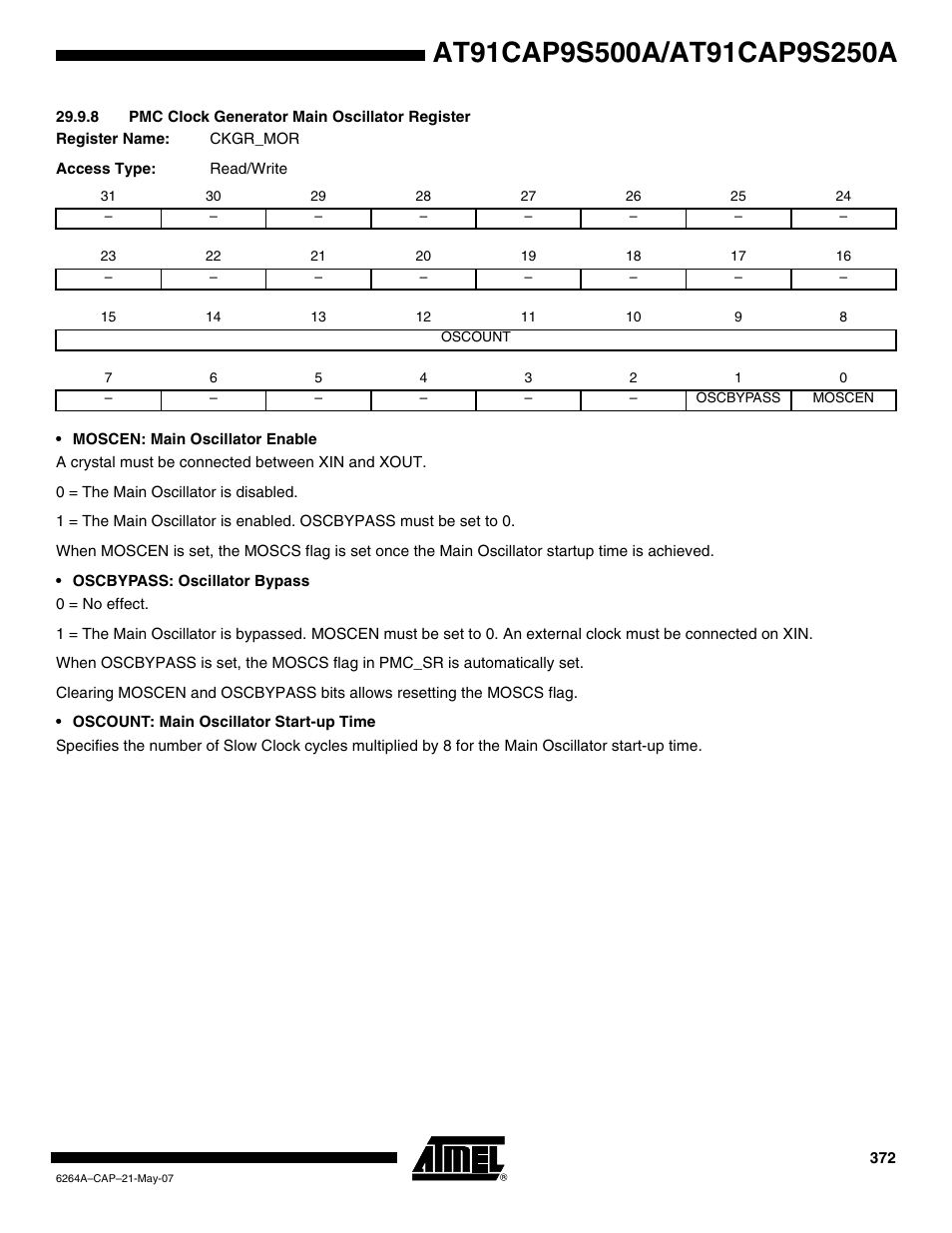 8 pmc clock generator main oscillator register | Rainbow Electronics AT91CAP9S250A User Manual | Page 372 / 1008