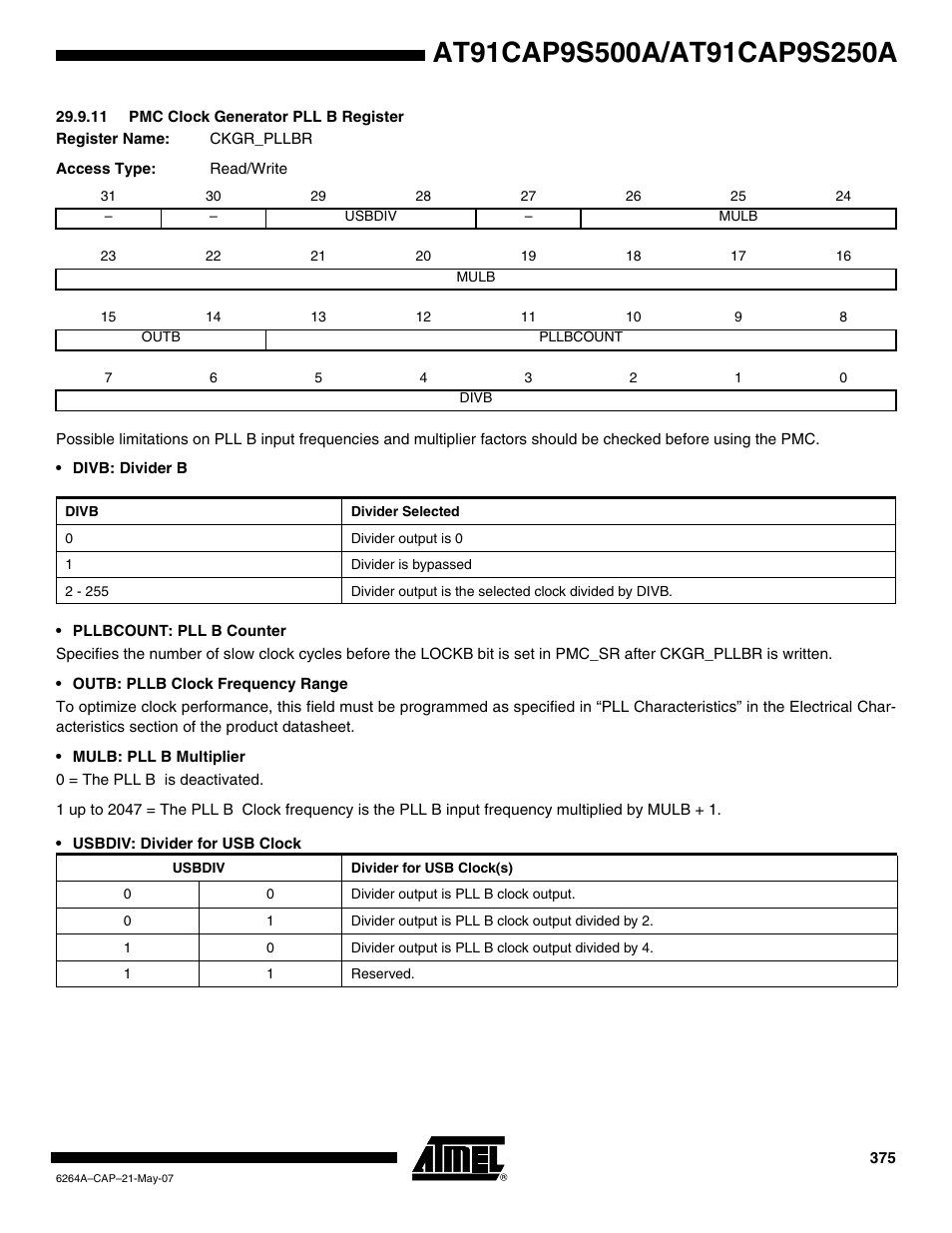 11 pmc clock generator pll b register | Rainbow Electronics AT91CAP9S250A User Manual | Page 375 / 1008
