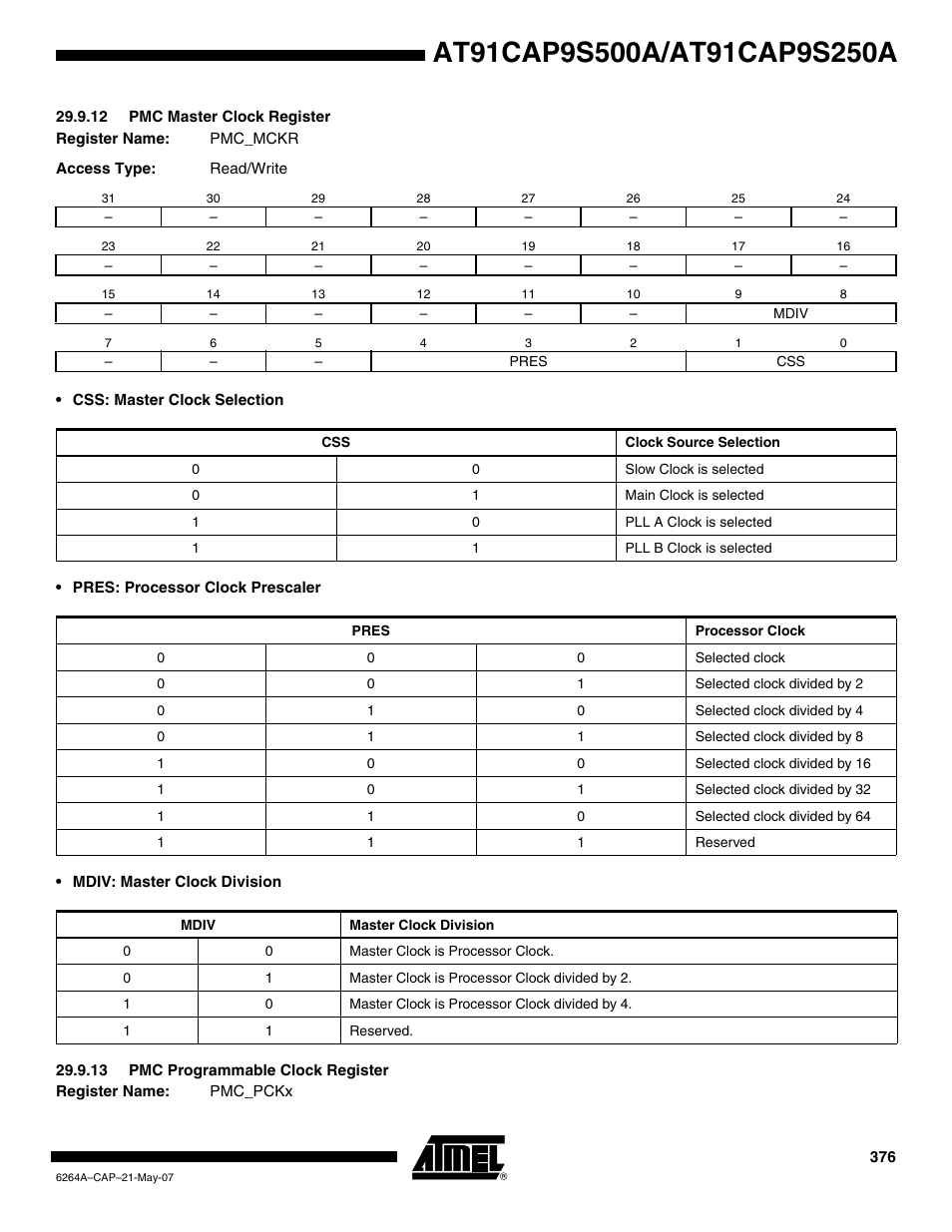 12 pmc master clock register, 13 pmc programmable clock register | Rainbow Electronics AT91CAP9S250A User Manual | Page 376 / 1008