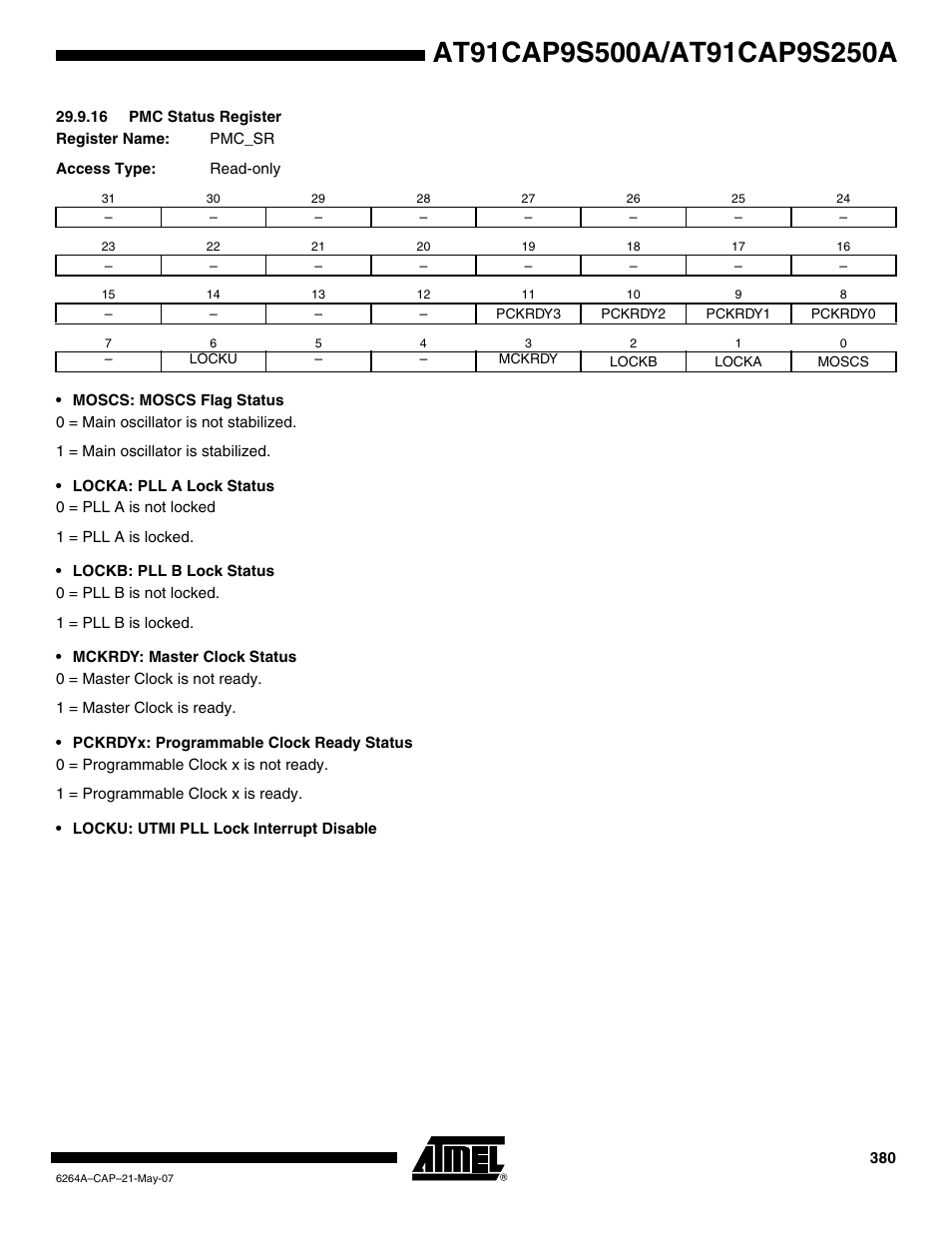 16 pmc status register | Rainbow Electronics AT91CAP9S250A User Manual | Page 380 / 1008