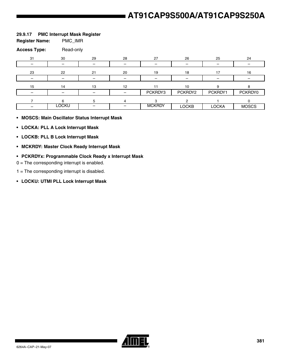 17 pmc interrupt mask register | Rainbow Electronics AT91CAP9S250A User Manual | Page 381 / 1008