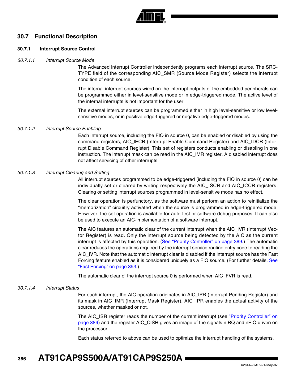 7 functional description, 1 interrupt source control | Rainbow Electronics AT91CAP9S250A User Manual | Page 386 / 1008