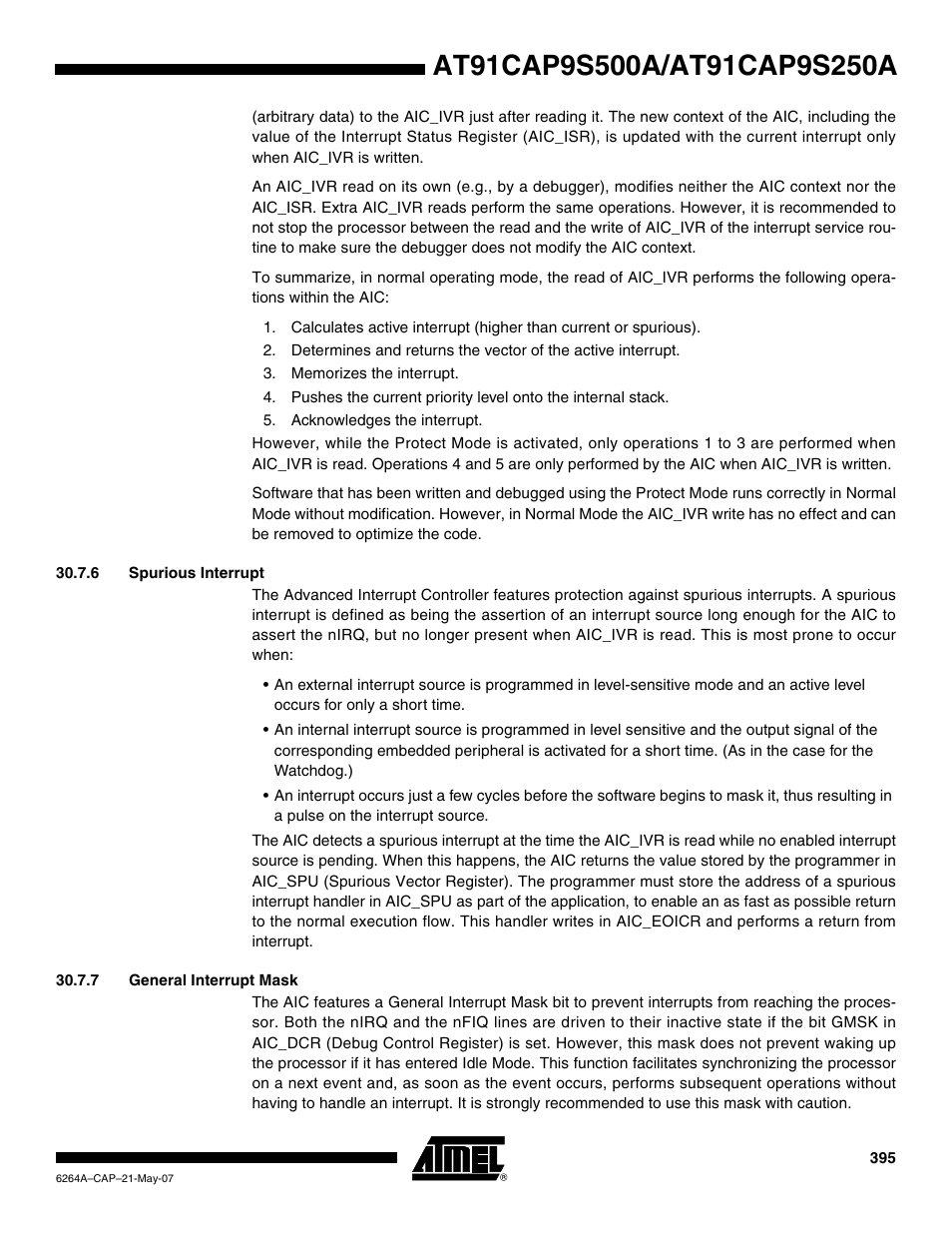6 spurious interrupt, 7 general interrupt mask | Rainbow Electronics AT91CAP9S250A User Manual | Page 395 / 1008