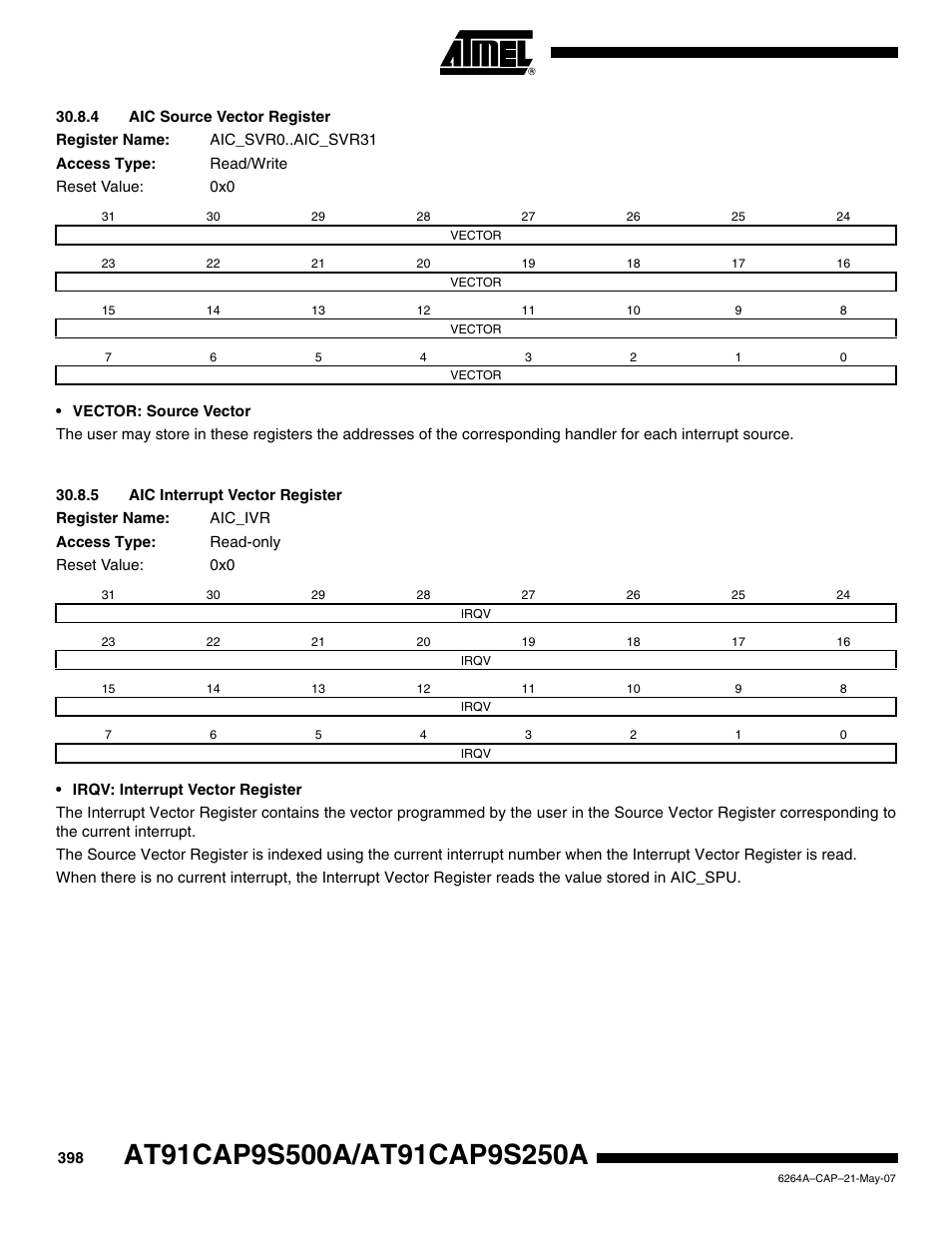 4 aic source vector register, 5 aic interrupt vector register | Rainbow Electronics AT91CAP9S250A User Manual | Page 398 / 1008